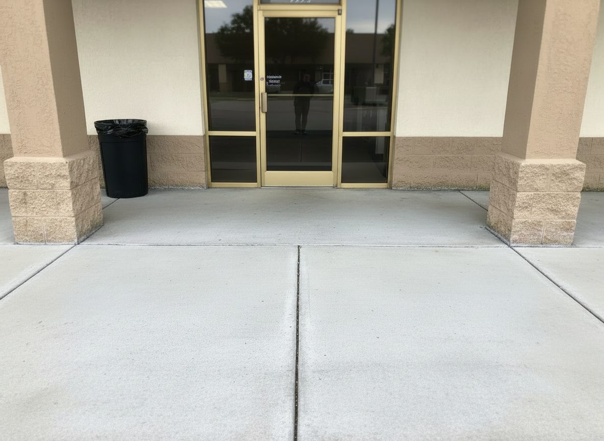 Illustrative example: the same Boise storefront walkway with uniformly clean, freshly pressure-washed concrete after