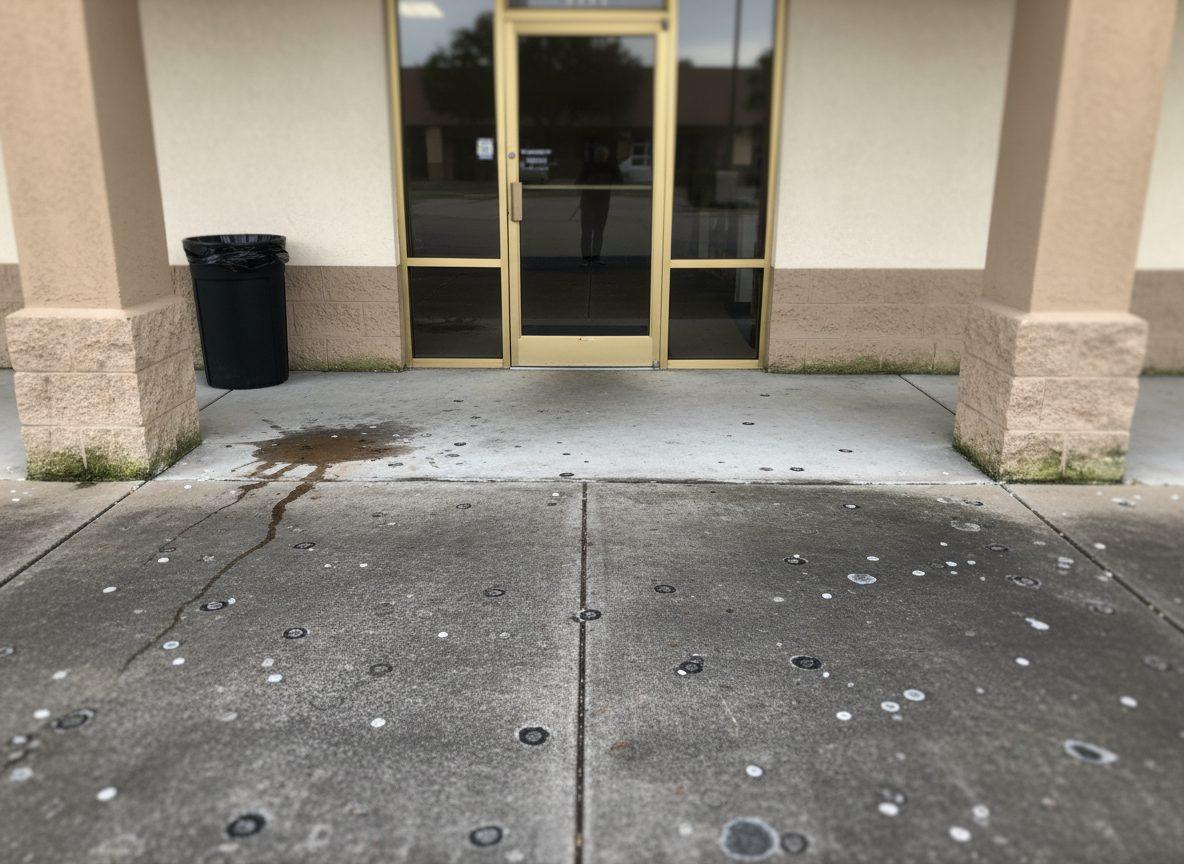 A Boise storefront entry walkway with grimy, gum-spotted concrete before pressure washing