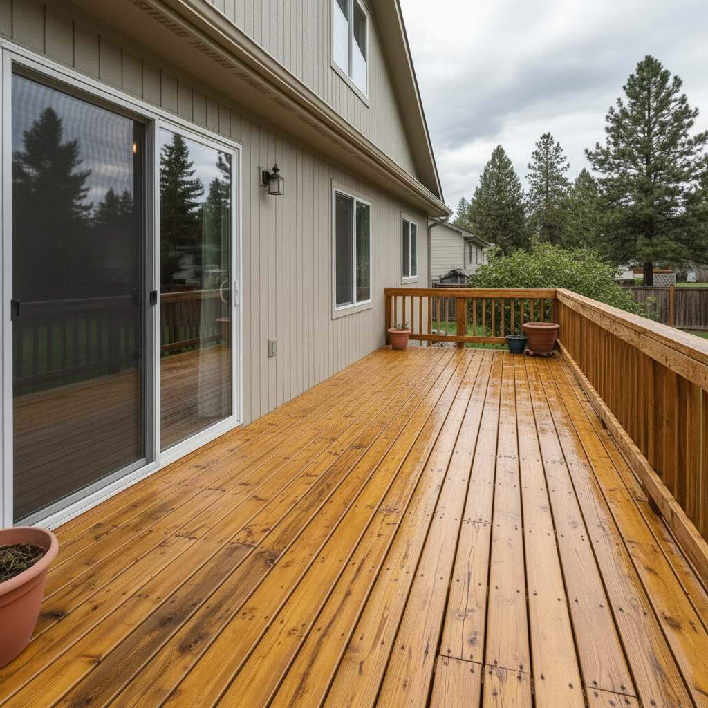 Illustrative example: the same deck restored to a warm clean wood tone after pressure washing