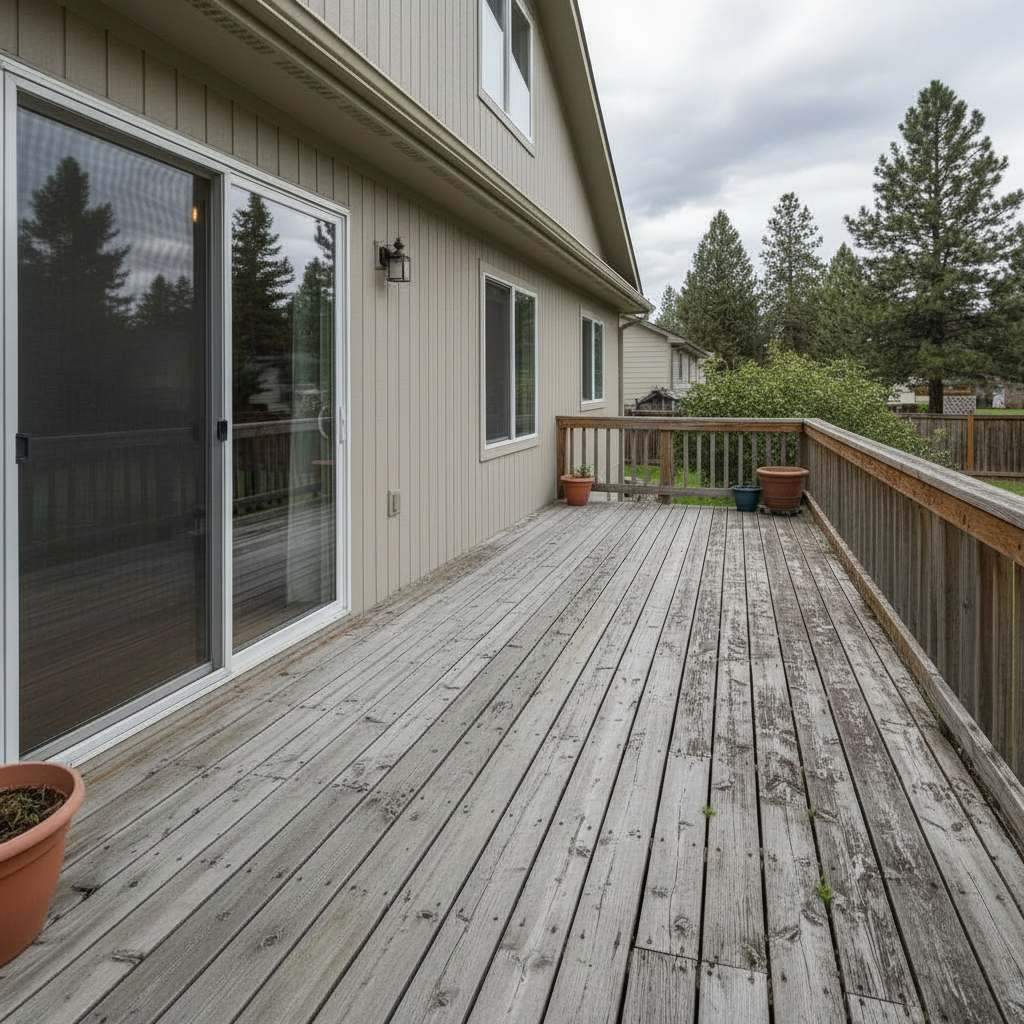 Illustrative example: a weathered gray wood deck before pressure washing