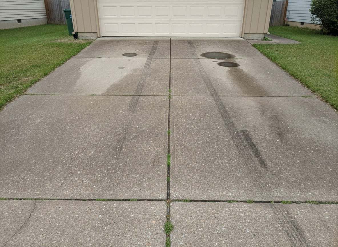 A Boise concrete driveway dark with grime, algae shading, tire marks and old oil stains before surface cleaning