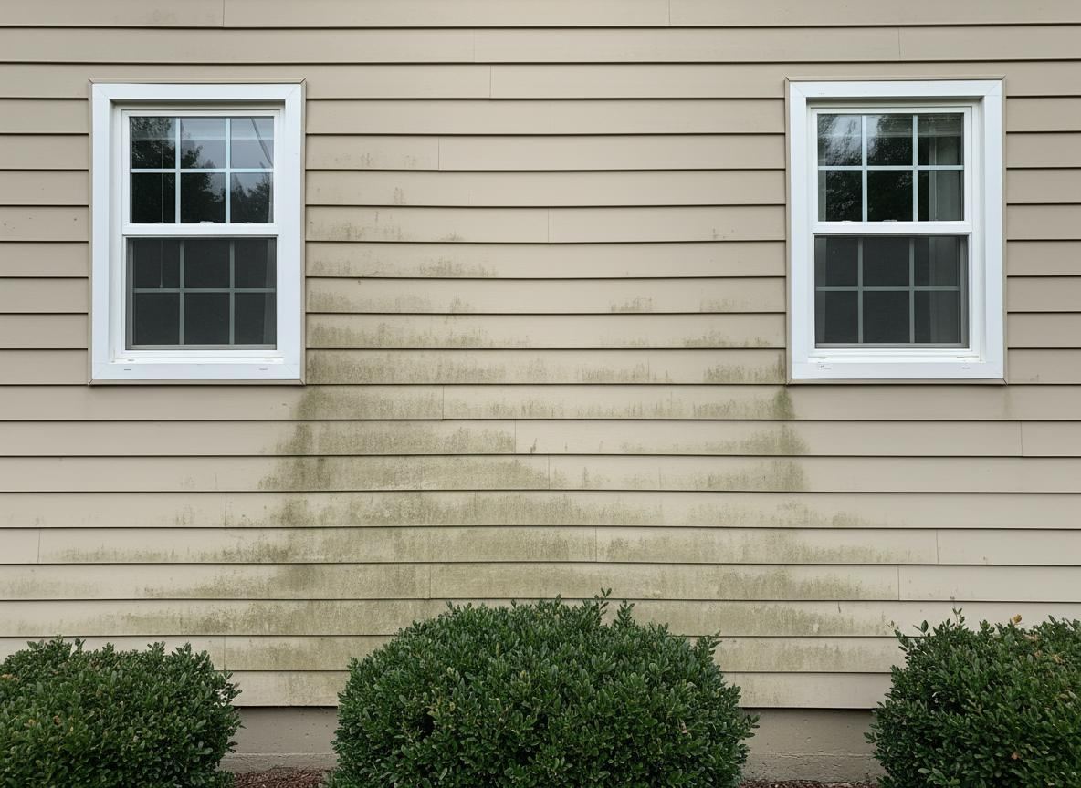 Vinyl siding on a Boise home streaked green and black with mildew and algae along its shaded north side, before soft washing