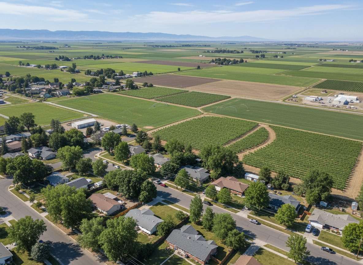 Aerial view of an established Caldwell, Idaho neighborhood bordering agricultural fields and vineyard rows in Canyon County