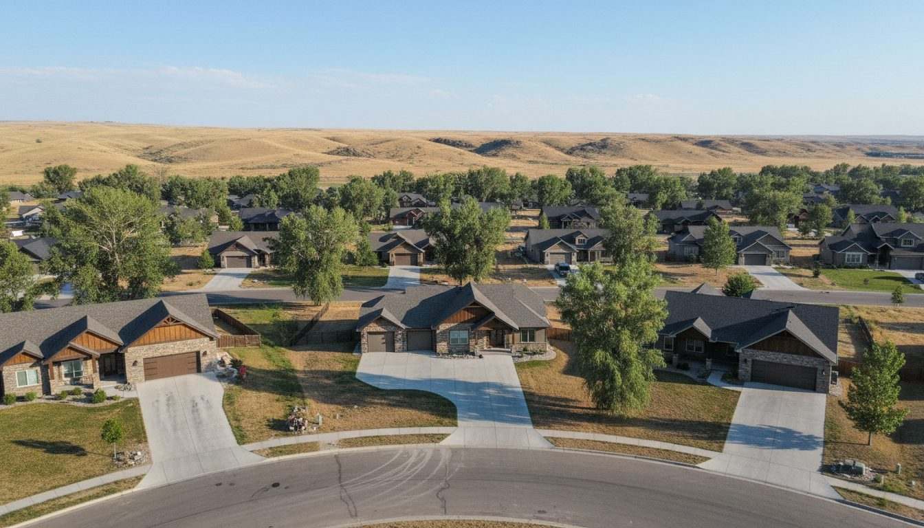 Aerial view of an Eagle, Idaho neighborhood with large lots and long concrete driveways below the dry foothills
