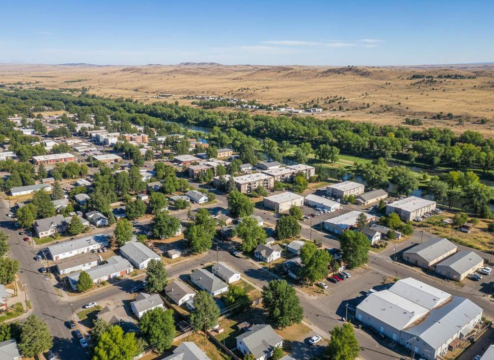 Aerial view of Garden City, Idaho showing small homes, apartments, and light-industrial warehouse buildings near the Boise River