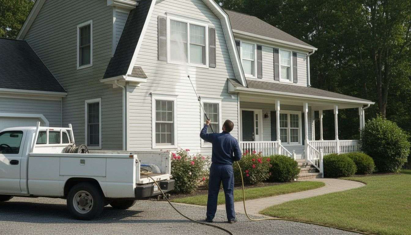 Clean residential house exterior with freshly pressure-washed white vinyl siding