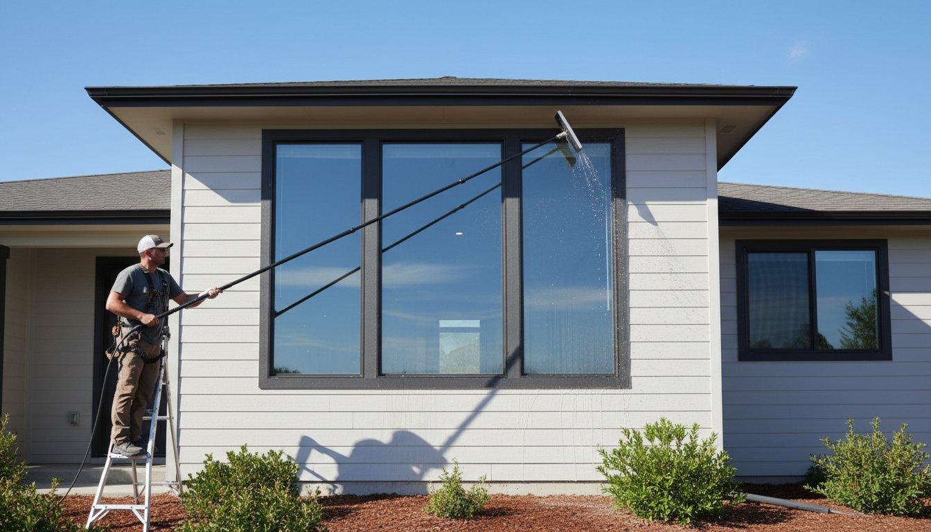 Technician cleaning a home's exterior window with a water-fed pole brush