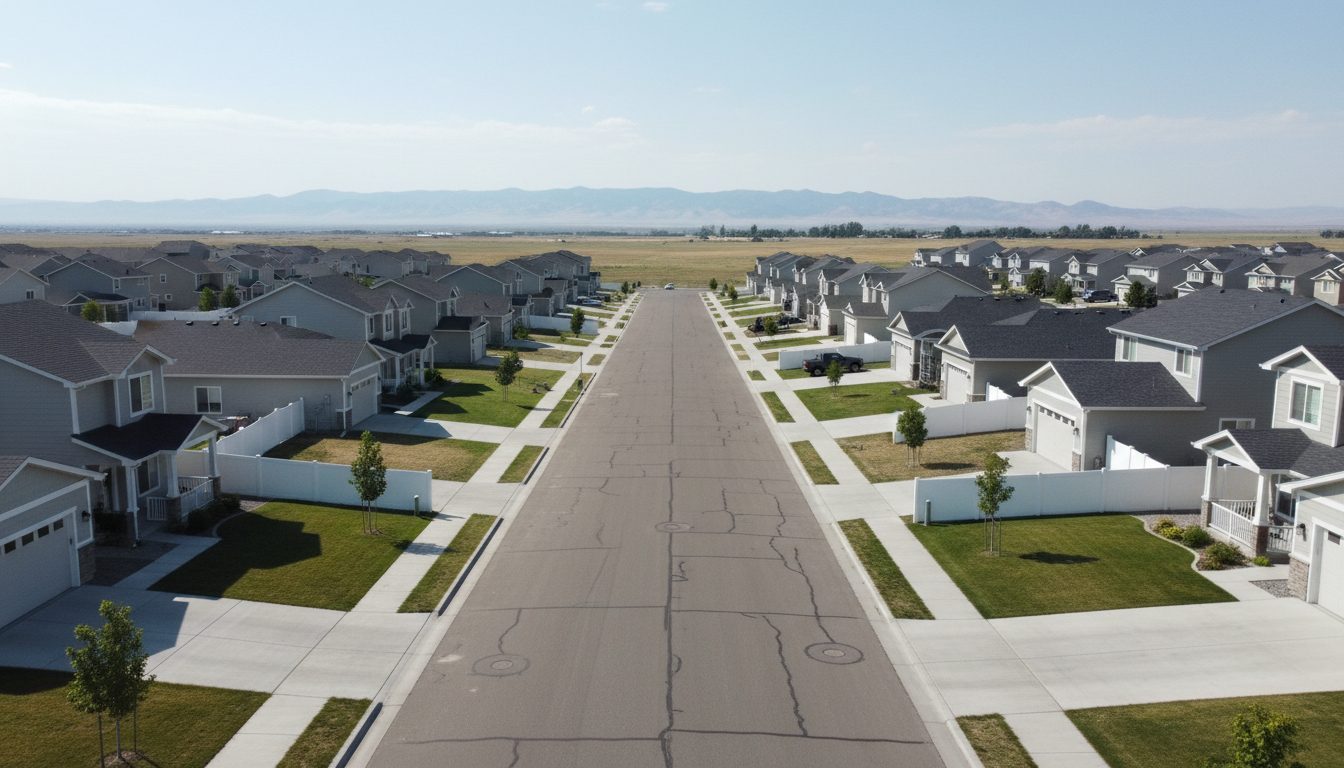 Aerial view of a Meridian, Idaho neighborhood street with newer two-story homes, white vinyl fences and wide sidewalks