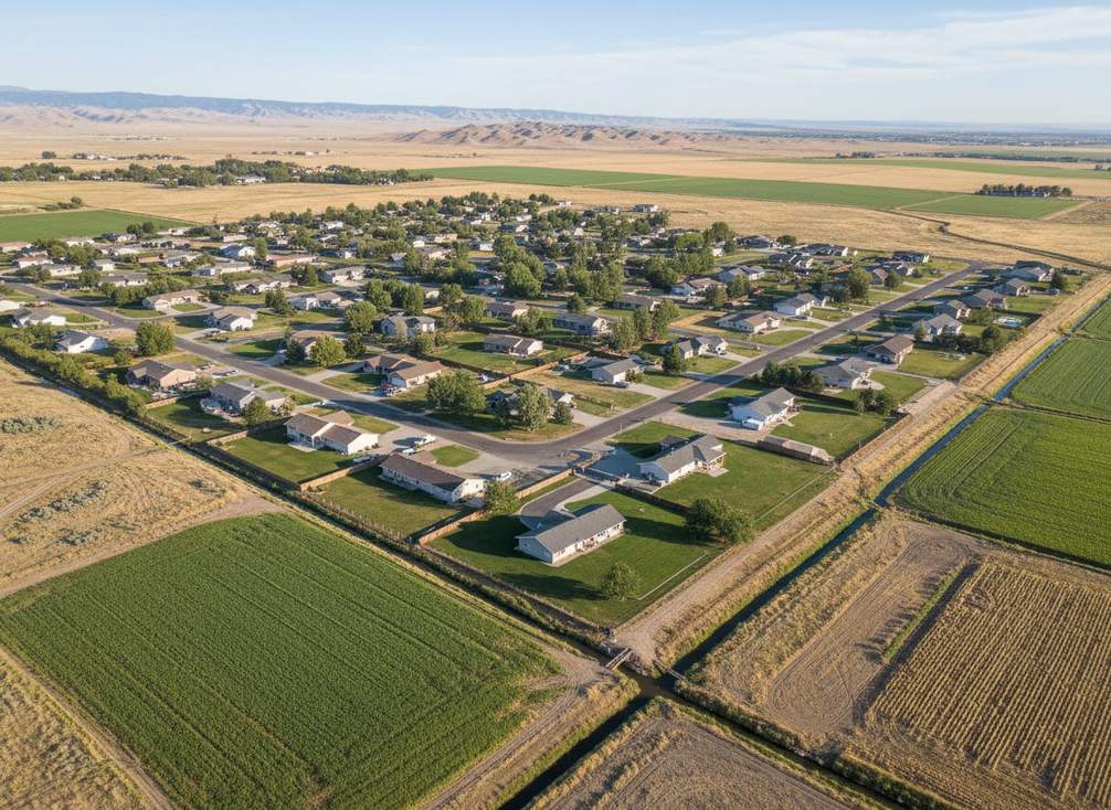 Aerial view of an established Nampa, Idaho neighborhood with older ranch-style homes near irrigation canals and farmland