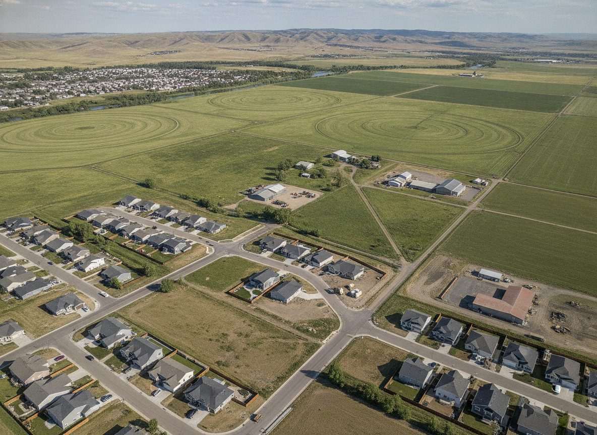 Aerial view of Star, Idaho showing a new residential subdivision bordering open farmland with foothills in the distance