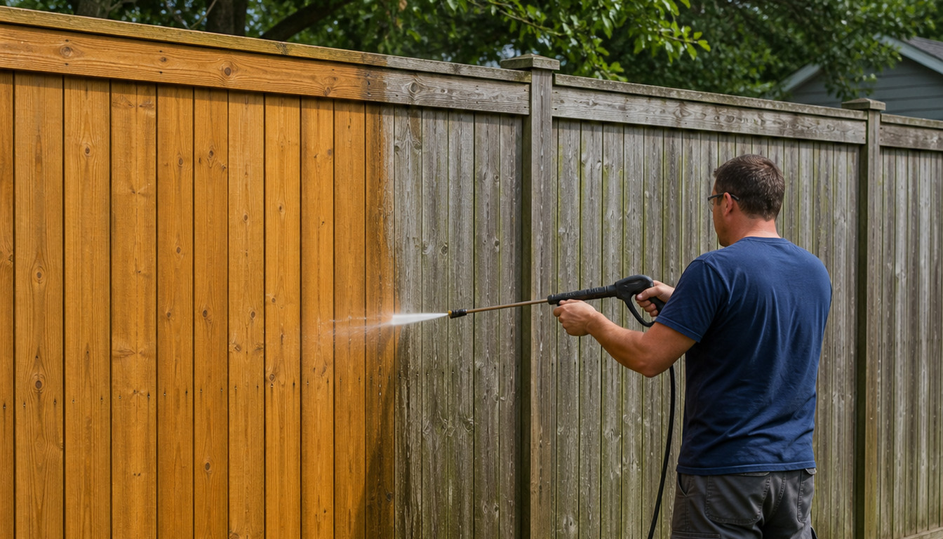 Pressure washing a weathered wood fence in a Boise backyard, cleaned boards visibly brighter