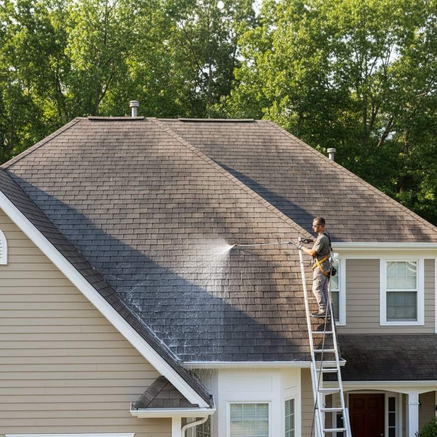 Soft-wash low-pressure roof cleaning of an asphalt shingle roof