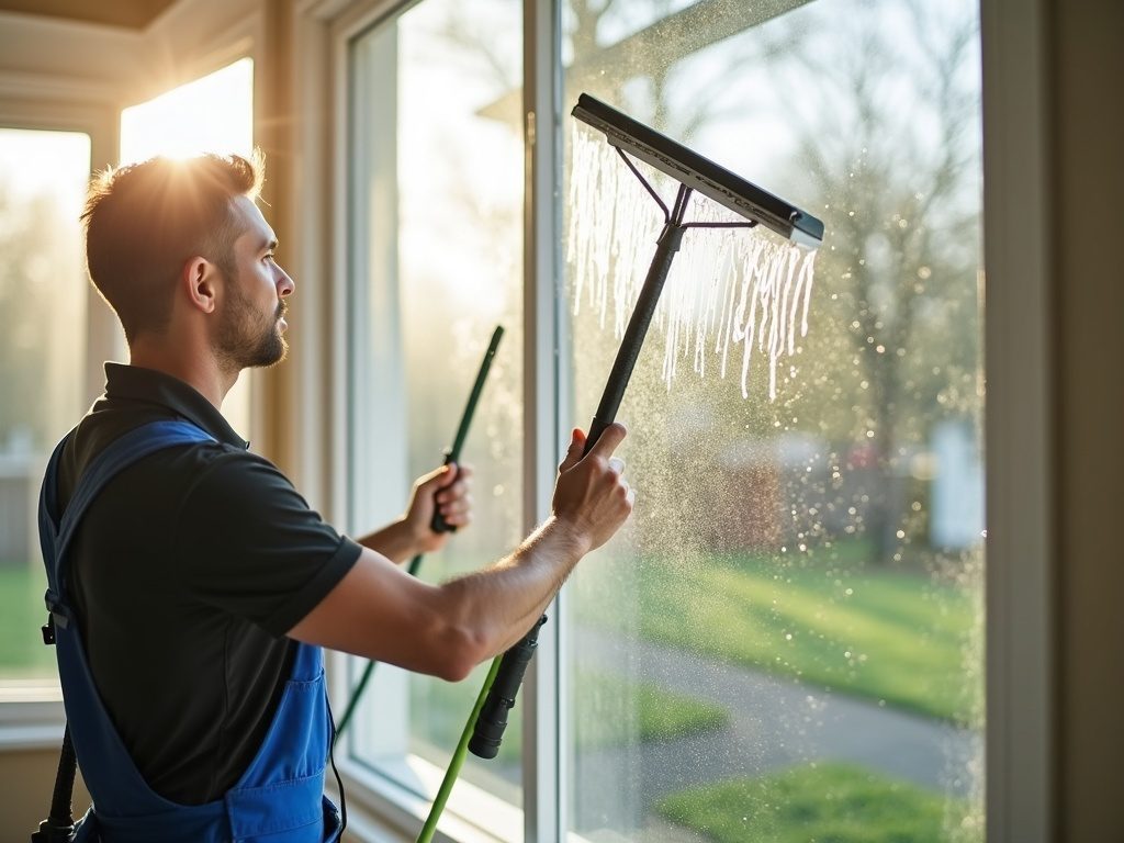 Window cleaning technician using a squeegee on an exterior window